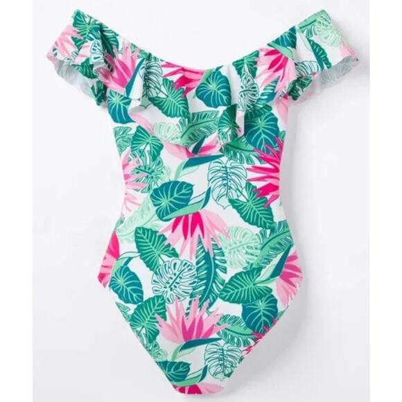 Matilda Jane Palm Tree Paradise Green/Pink Ruffle One Piece Swimsuit Size M - Picture 3 of 13